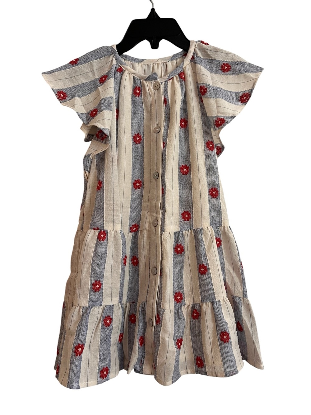 NEW Zara Cream and Blue Striped Dress with Red Floral Detail